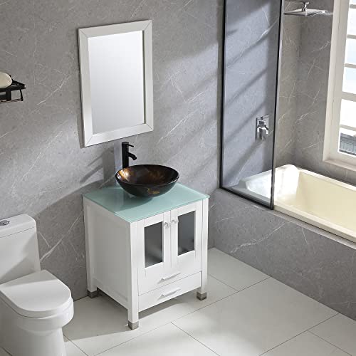 Wonline 24'' White Modern Wood Bathroom Vanity Cabinet Round Tempered Glass Vessel Sink Orb Faucet Drain Combo Design With Mirror #TOP3