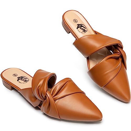 Trary Brown Womens Mules Flats Closed Pointed Toe Comfortable Slip on Backless Loafer Shoes for Women with Knot Size 6