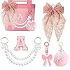 YPINGABS 5PCS Accessories Set for YETI Camino 20/35/50 & Bogg Bags, Scrunchie Bow Keychain, Faux Pearl Chain, Pom Pom Keychain, Letter Stickers for Women & Girls (A, Pink)