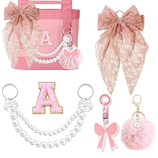 YPINGABS 5PCS Accessories Set for YETI Camino 20/35/50 & Bogg Bags, Scrunchie Bow Keychain, Faux Pearl Chain, Pom Pom Keychain, Letter Stickers for Women & Girls (A, Pink)