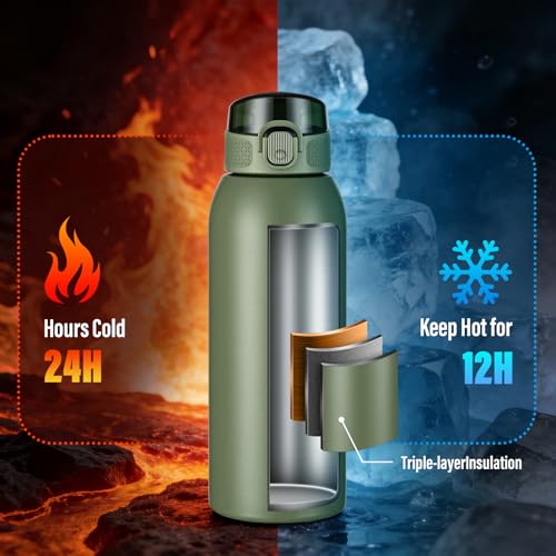 Image of Insulated Water Bottle 24 oz with Dustproof Lid, Carry Handle & Tea Infuser, BPA-Free & Leakproof, Stainless Steel Water Bottles Ideal for Fitness, Hiking, Office & Outdoor Use（Olive Green）
