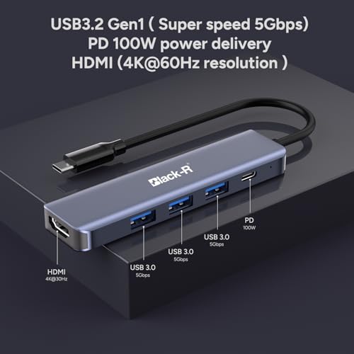 Image of Black-R 5-in-1 TypeC Docking Station with 4K HDMI,3xUSB 3.0 & TypeC 3.0 PD Charging 100W Port, for All Type C Devices- MacBook M3 /4, Laptop, PC, Thunderbolt 3 /4, Samsung S25 Ultra