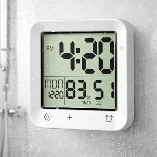 Tikonir Shower Clock Waterproof Bathroom Digital Clock with Timer LCD Display Touch Screen Suction Cup Temp Seconds Hanging Hole Stand Digital Wall Clocks Battery Operated for Kids and Adults