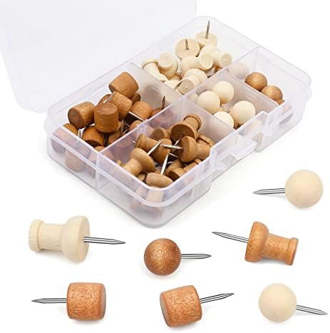 60 PCS Wooden Push Pins, Thumb Tacks Push Pins, 2 Colors and 3 Types Decorative Thumb Tacks for Cork Boards Map Photos Calendar Home Office Classroom Supplies