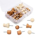 60 PCS Wooden Push Pins, Thumb Tacks Push Pins, 2 Colors and 3 Types Decorative Thumb Tacks for Cork