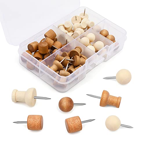 60 Pcs Wooden Push Pins, Thumb Tacks Push Pins, 2 Colors And 3 Types Decorative Thumb Tacks For Cork Boards Map Photos Calendar Home Office Classroom Supplies #TOP3