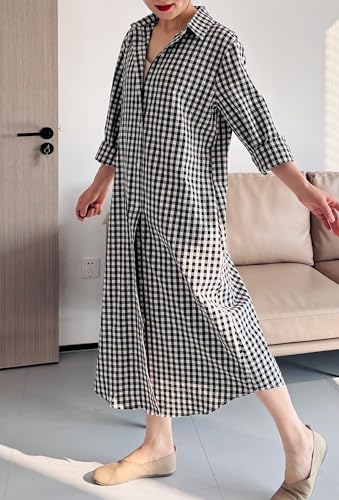 Minibee Women's Plaid Shirts Dress Button Down Long Sleeve Cotton Casual Blouses Dresses with Pockets4