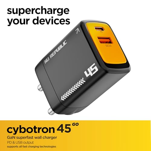 Image of Nu Republic Cybotron GO 45W GaN Wall Charger, Dual Port USB-C PD & USB-A QC3.0, PowerBlitz Fast Charging for Smartphones, Tablets & Laptops (Black)