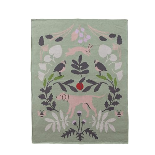 Image of Creative Co-Op Cotton Knit Baby Blanket with Botanical and Animal Motifs, Multicolor