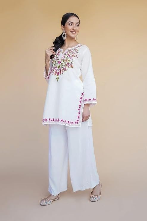 Image of Women's Magenta Embroidered Kurti with Floral Yoke Design