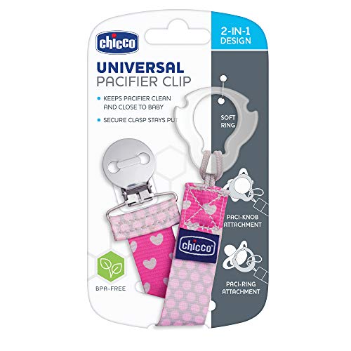 Image of Chicco Two-in-One Pacifier Clip with Loop and Ring Attachments | Loop for Teethers and Small Toys | Ring Included for Knob-Style Pacifiers | Secure Clasp is Gentle on Clothing | Pink (Pack of 2)