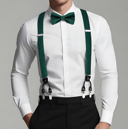 Image of Dubulle Suspender and Bow Tie for Men Paisley Solid Mens Suit Braces Pretied Bowtie and Handkerchief Cufflinks Formal Wedding