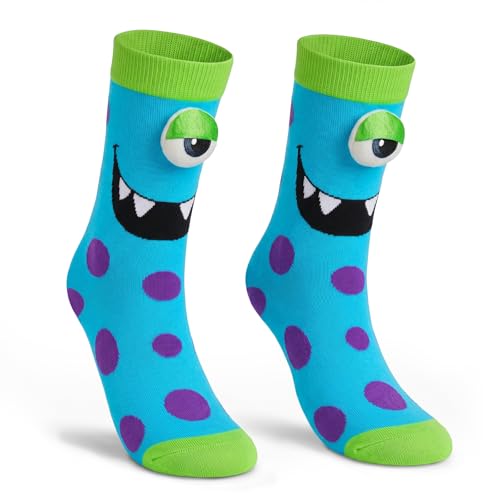 FunisFun Crazy Silly Socks for Kids Novelty Wacky Monster Socks with 3D Eyes for Boys Girls Halloween Chirstmas (US Alpha One Size Regular Turquoise)