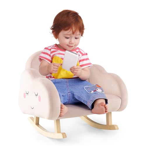 COSTWAY Fauteuil à Bascule Enfant en Peluche avec Dossier & Accoudoirs Confortable, Chaise à Bascule en Bois avec Forme Nuage, Charge 50kg pour Garçon Fille...