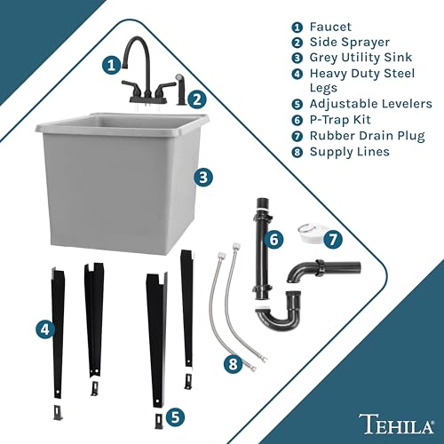 Image of Grey Space Saver Utility Sink by JS Jackson Supplies, Freestanding Tehila Space Saving Laundry Tub, Black Gooseneck Faucet with Side Sprayer