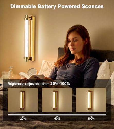 Image of Set of 2 Modern Gold Detachable 15000mAh Battery Wall Sconces | 15000mAh detachable battery, remote dimmable timer, renter-friendly no hardwire light for wall art bedroom hallway