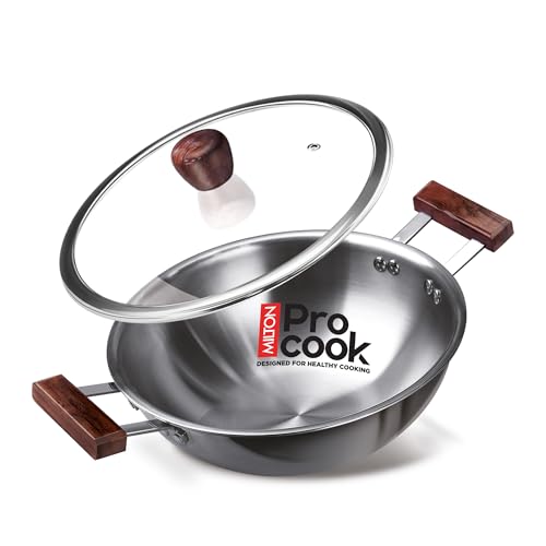 Image of MILTON Pro Cook Induction Cookware & Gas Stove Friendly Triply Stainless Steel Kadhai with Glass Lid 20cm (1.5L) | Deep Fry Pan | Sturdy Wooden Handle | Less Oil Healthy Cooking | 3Y Warranty | Silver
