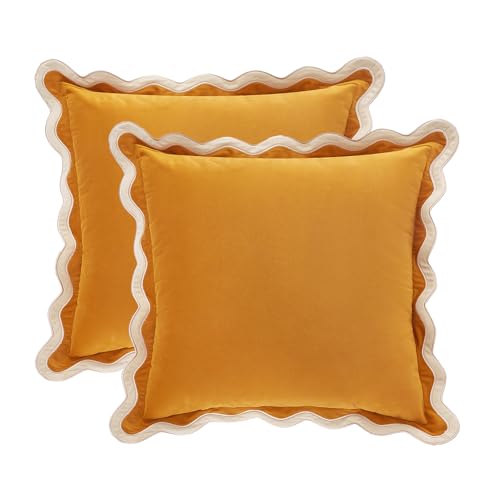 MONDAY MOOSE Decorative Throw Pillow Covers Cushion Cases, Set of 2 Soft Velvet Scalloped Wavy Edge Designs, Mix and Match for Home Decor, Pillow Inserts Not Included (16x16 inch, Cream/Honey)