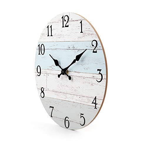 Silent Non-Ticking Wooden Decorative Round Wall Clock Quality Quartz Battery Operated Wall Clocks Vintage Rustic Country Tuscan Style Wooden Home Decor Round Wall Clock (12Inch, Coastal Worn Blue )