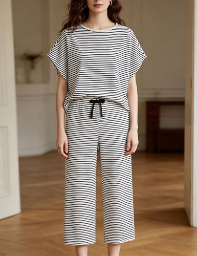 Image of Bozanly 2 Piece Sets for Women Short Sleeve Tops and Capris Loose Matching Pajama Sets Sweatsuits