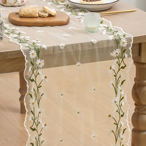 Artoid Mode Chemin de table de printemps en tulle marguerite abricot avec broderie de printemps, 40 x 300 cm, décoration de table de cuisine en intérieur, décor de fête/vacances