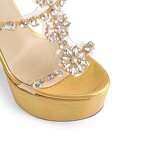 Onlymaker Ankle Sandals Peep Toe Platform Stilettos T-Strap Zip Up Embellished With Flower Rhinestone Transparent Gold Heels Summer Sandals For Dressing Party Gold Size 8 #TOP2