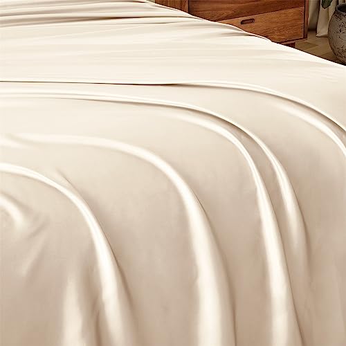 Image of Ersmak Satin Flat Sheet Only, Single Flat Sheet Full, Luxury & Ultra Soft Silky Bedding Top Sheet for Full Mattress - Beige