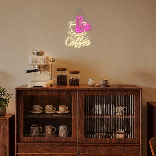 Image of Coffee Cat Neon Sign Dimmable Pink LED Wall Light for Cafe Station Decor | 15.7IN*12.5IN,Five level brightness adjustment,USB powered,For Coffee Kitchen Corner Club Window Decor,Party Gifts