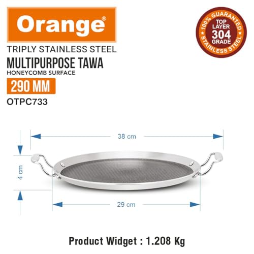 Image of Orange Triply Stainless Steel Round Multipurpose Tawa, 290 mm | Honeycomb Surface | 3.5 mm Heavy Thickness | Induction & Gas Compatible | Metal Spoon Friendly | Soft-Touch Handles | 5-Year Warranty