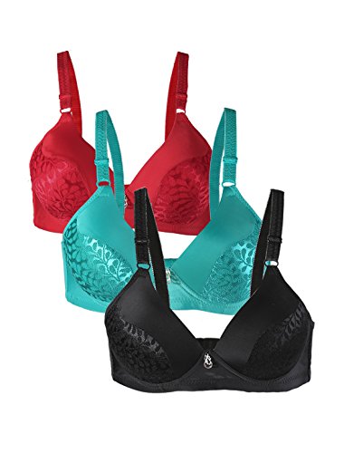 sourcing map Sujetador Diario sin Aros sin Aros, cómodo, Suave, elástico, básico, de Cobertura Completa, 3 Piezas Rojo + Negro + Mar Verde-Impreso 38/85 Fit 34A 34B