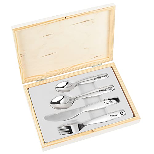 Foto von LAUBLUST Kinderbesteck mit Namensgravur - Dschungel Gravur & Geschenkbox weiß | Besteck mit Namen - Geschenk zur Taufe für Kinder - Taufgeschenke für Jungen & Mädchen | Personalisierte Erinnerungsbox