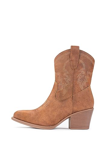 Image of IXU Cowboy Boots for Women Ankle Cowgirl Booties Wide Mid Calf Pointed Toe Western Boots Short Chunky Classic Booties