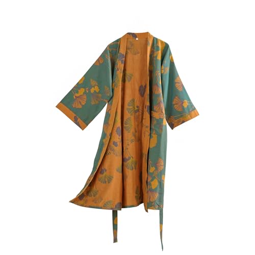 100% Cotton Gauze Ginkgo Leaf Kimono Robe, Long Knit Loose Bathrobe Nightgown Ladies Loungewear Sleepwear for Women