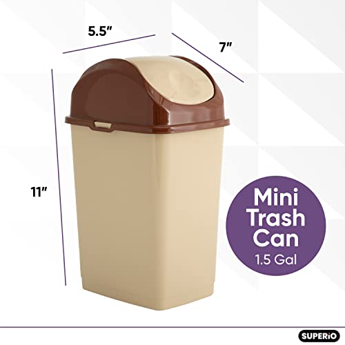 Superio 1.25 Gal Mini Plastic Trash Can With Swing Top Lid Small Waste Bin For Countertop, Desk, Vanity, Bathroom 5 Quart (Beige/Brown, 3 Pack) #TOP1