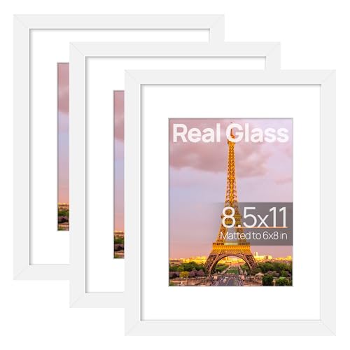 Image of upsimples 8.5 by 11 Picture Frame, Gallery Glass Photo Frames, 3Pcs, White | Fit 6x8 with Mat and 8.5 x 11 Photos, Gift for Christmas, Wall Decor and Table Display for Living Room, Hallway, Gallery