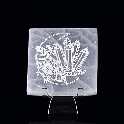 AMOYSTONE 4  Square Selenite Charging Plate Moon Engraved Selenite Disk for Healing Meditation Home Decor