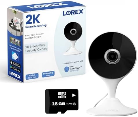 Lorex 2K Indoor WiFi Security Camera for Home, Pet Cam, Baby Cam - Mobile App, IR Night Vision, Person Detection & 2 Way Talk - Free 16GB Micro SD