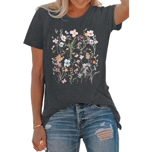 BLACKOO Women Graphic Tee Casual Floral T Shirts Dark Grey X-Large