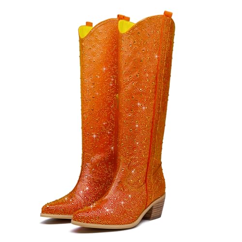 Rhinestone Cowboy Boots for Women Sparkle Tall Cowgirl boots bling Pointed Toe Low Chunky Stacked Heel Pull On Tabs with Side Zipper Wide Glitter Fashion Party Retro Classic Boots2