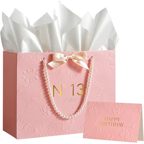 Crisky Pink 13th Birthday Gift Bag with Pearl Handles