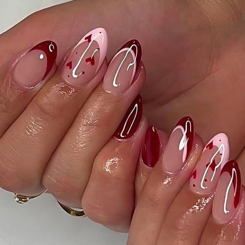Red Press on Nails French Tip Fake Nails Medium Almond False Nail Press ons Glossy Full Cover Heart Glue on Nail with design for Women Valentines Manicure 24Pcs