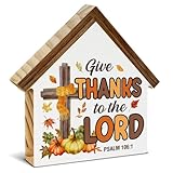 Autumn Fall Decor Thanksgiving Sign Give Thanks to the Lord Scripture House Shape Wooden Sign Christian Thanksgiving Home Kitchen Desk Shelf Tiered Tray Decor