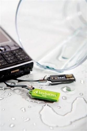 Verbatim 4GB Micro USB Drive near spilled water, demonstrating splash resistance
