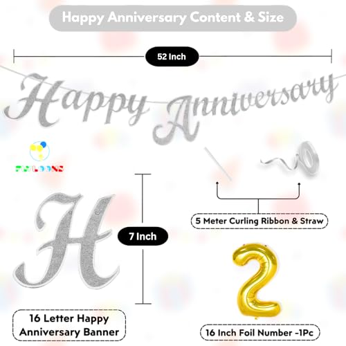 Image of Flyloons 2nd Happy Anniversary Banner Silver Decorations Kit for Men Women Wedding Anniversary Banner Items without Balloons