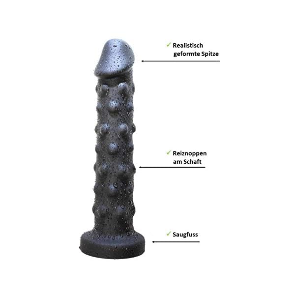 Lustfactor CRAZY LOVER | Genialer 20 cm Dildo für Sie aus Silikon | Ø 40 mm | Schwarz | Mit starkem Saugnapf/Saugfuss | Strap-on geeignet | Mit Reiznoppen am Schaft und realistischer Spitze – Bild 7