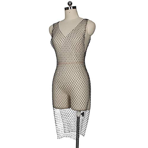 Flycc Women Sexy See Through Mesh Beach Bikni Swimsuit Sleeveless Cover Up Rhinestone Midi Dress Black #TOP4