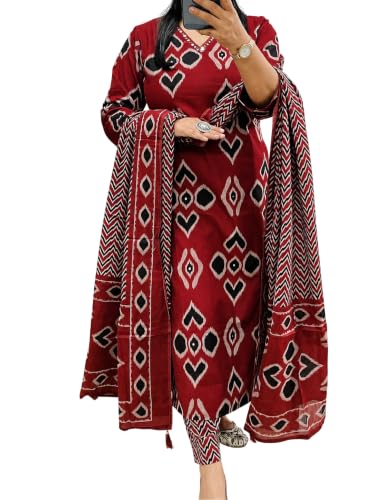 KASOOTI Women's Printed 100% Cotton Straight Kurta with Pants and Dupatta Set | Ethnic Set |Kurta Set (RUST)