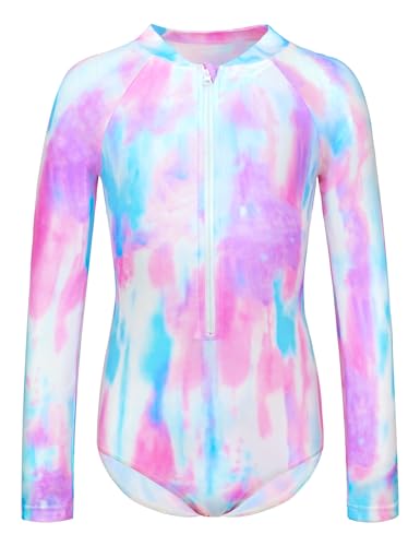 Girls Long Sleeve Swimsuit Size 7-8 Years Old Blue Purple Scrawl Rash Guard Bathing Suit with Zipper