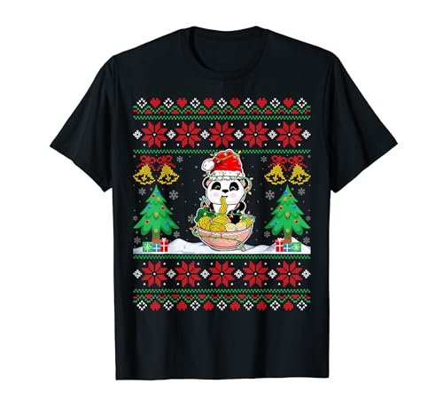 Panda Eating Ramen Noodles Santa Hat Xmas Lights Christmas Camiseta