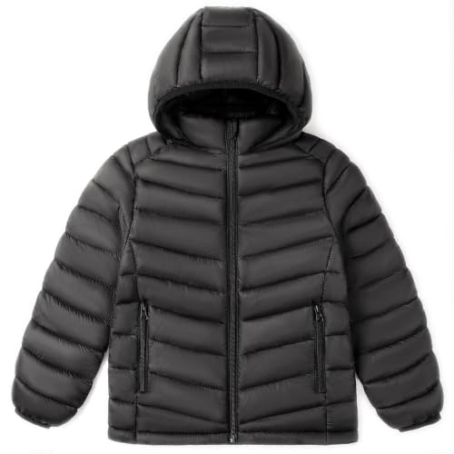Image of Boys Hooded Lightweight Puffer Jacket Waterproof Kids Winter Coat | Stand-Up collar, elastic hood and cuffs, soft chin guard, inside pocket. Chevron Stitching Secures Fill, windproof shell.